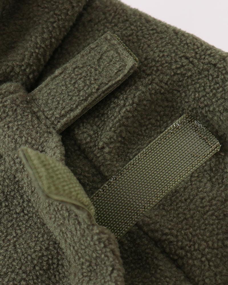 Dark green fleece hooded coat front detail with stitched flap and hook-and-loop