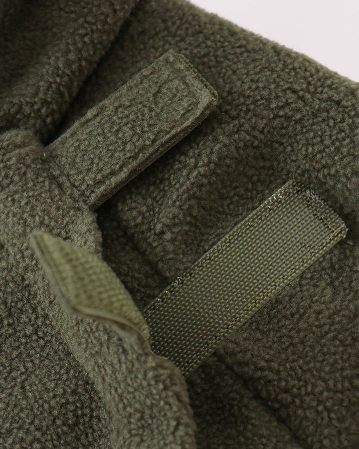 Dark green fleece hooded coat front detail with stitched flap and hook-and-loop