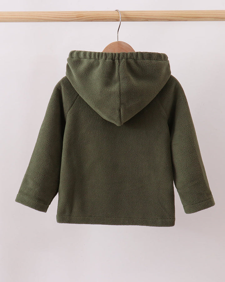 Dark green fleece hooded coat with full hood and long sleeves, kids size