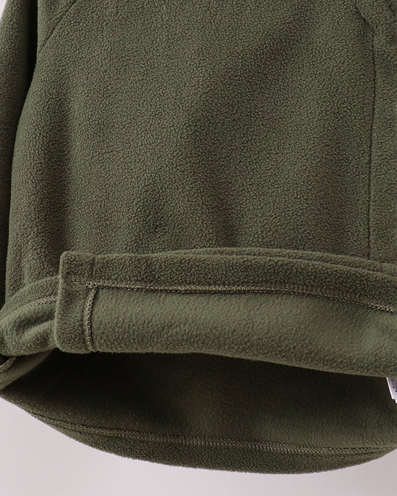 Dark green fleece hooded coat hem with stitched facing and kangaroo pocket opening