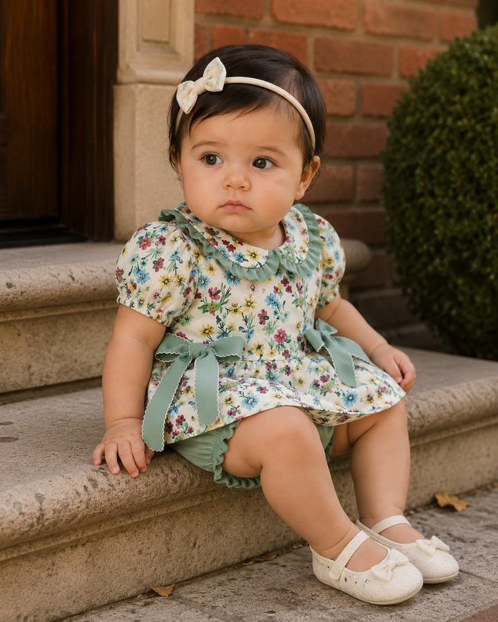 A baby girl wearing a short-sleeve floral dress with a ruffled collar, a mint green bow tie, and matching ruffled shorts, sitting on stone steps outdoors.