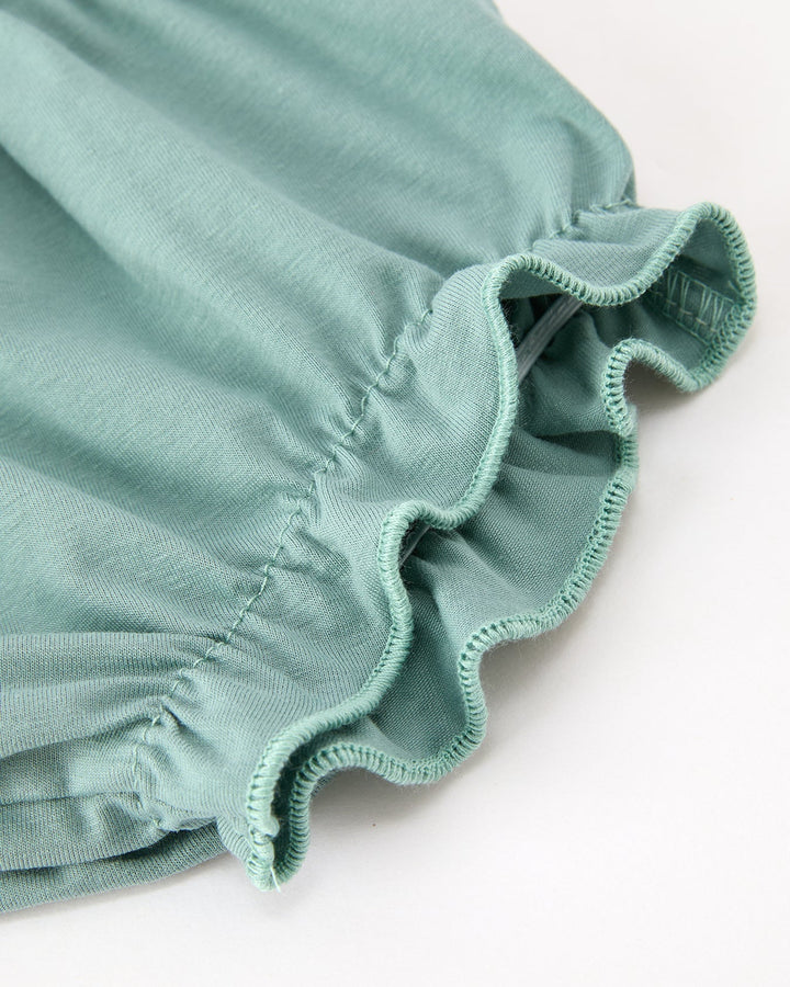 Light green girls bloomers with gathered elastic waist and ruffled legs