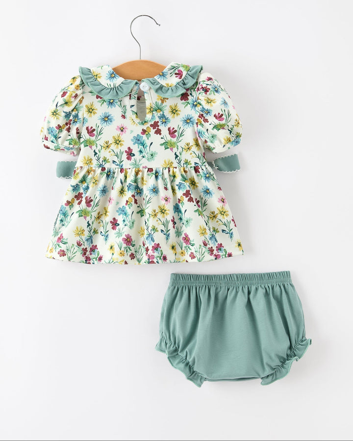 Girls floral long-sleeve dress with puff sleeves and green bloomers