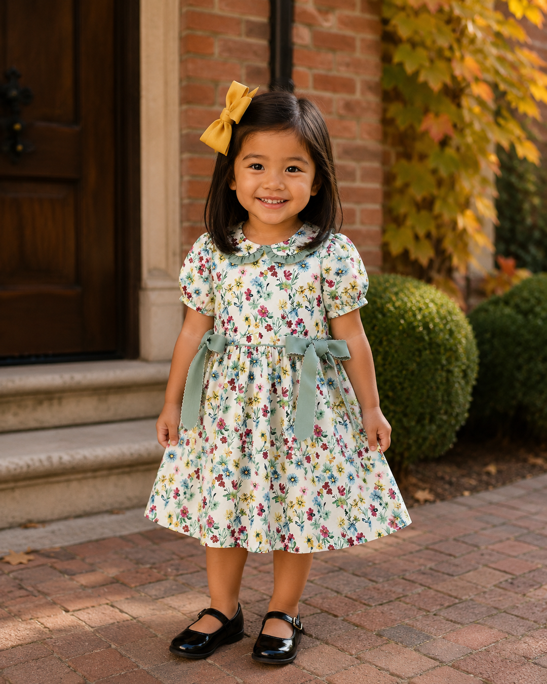 A young girl stands on a brick walkway in front of a brick house, wearing a short-sleeve white dress with a multicolor floral print, a sage green collar and waist tie, and a yellow bow in her hair.