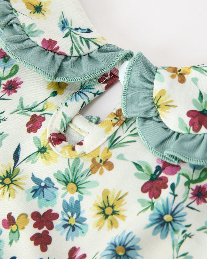 Floral girls dress close-up of mint ruffled cuff with gathered puff sleeve