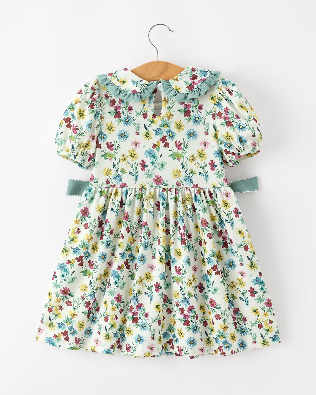 Girls floral dress with mint ruffle collar and short puff sleeves, full gathered skirt
