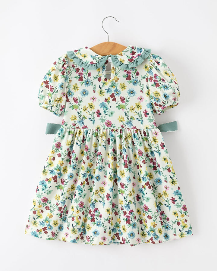 Girls floral dress with mint ruffle collar and short puff sleeves, full gathered skirt