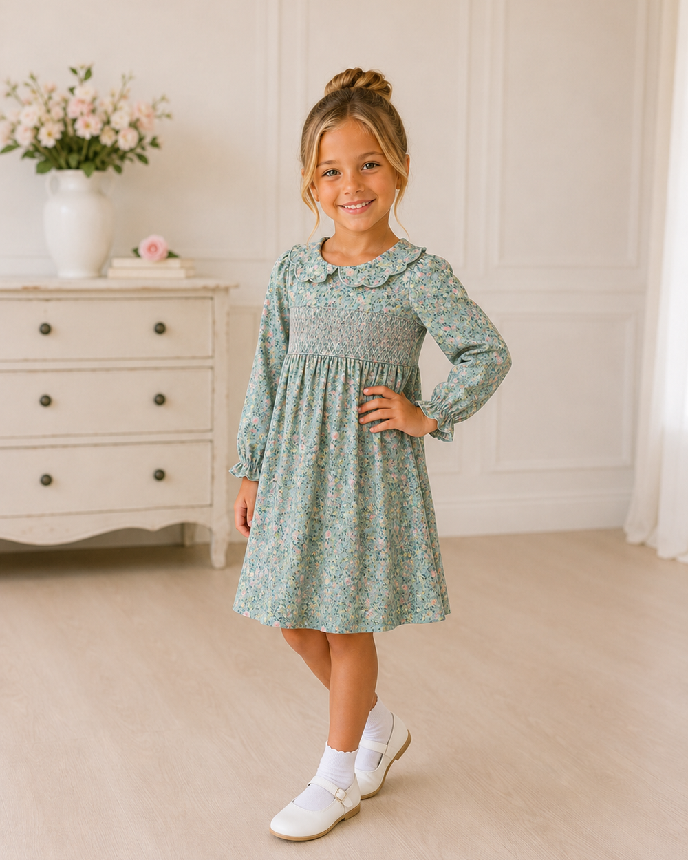 Green floral smocked dress with long sleeves and gathered skirt, knee length.