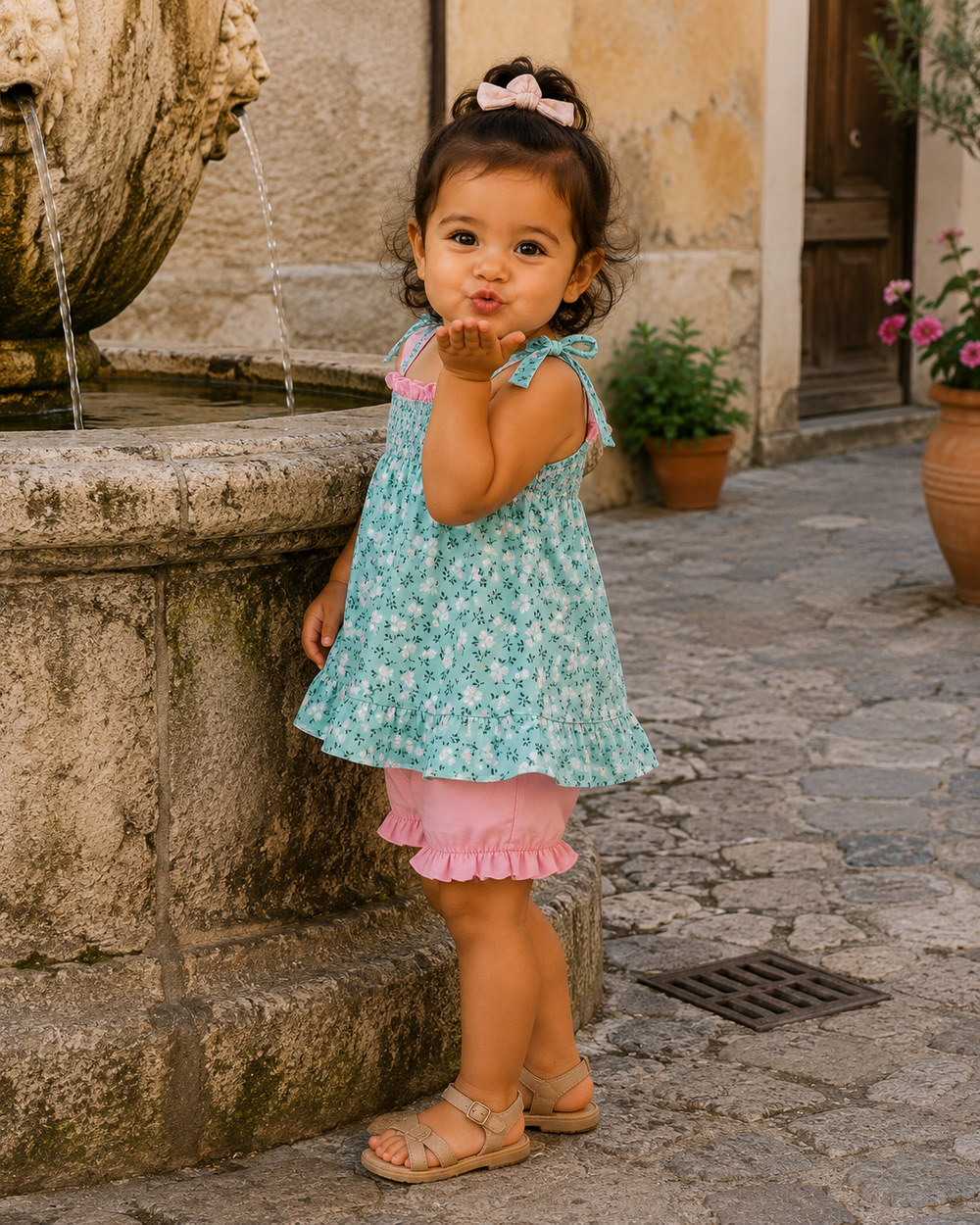 A toddler girl wearing a light blue floral sleeveless top and pink ruffled shorts stands in front of a stone fountain in an outdoor courtyard.