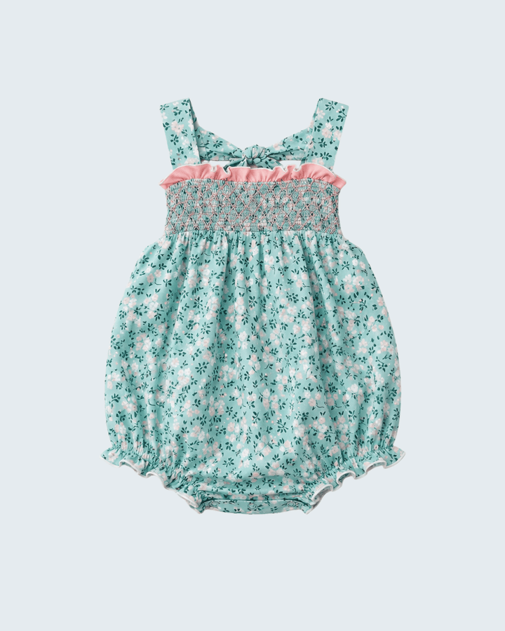Green Floral Smocked Ruffle Bubble