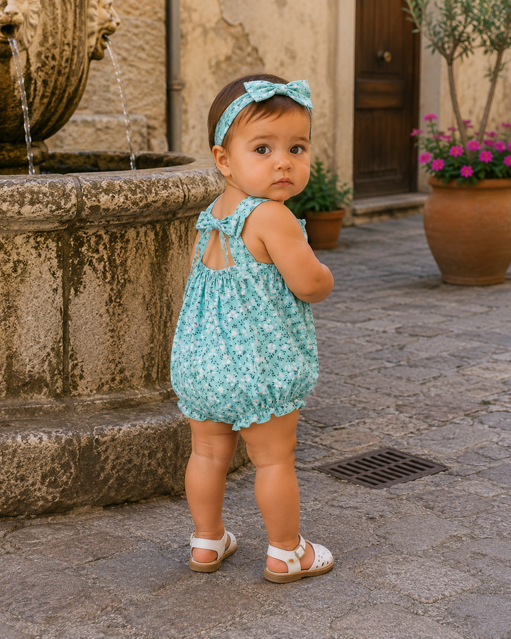 A toddler girl wearing a light blue and white floral romper with a matching headband stands in front of a stone fountain in an outdoor courtyard.