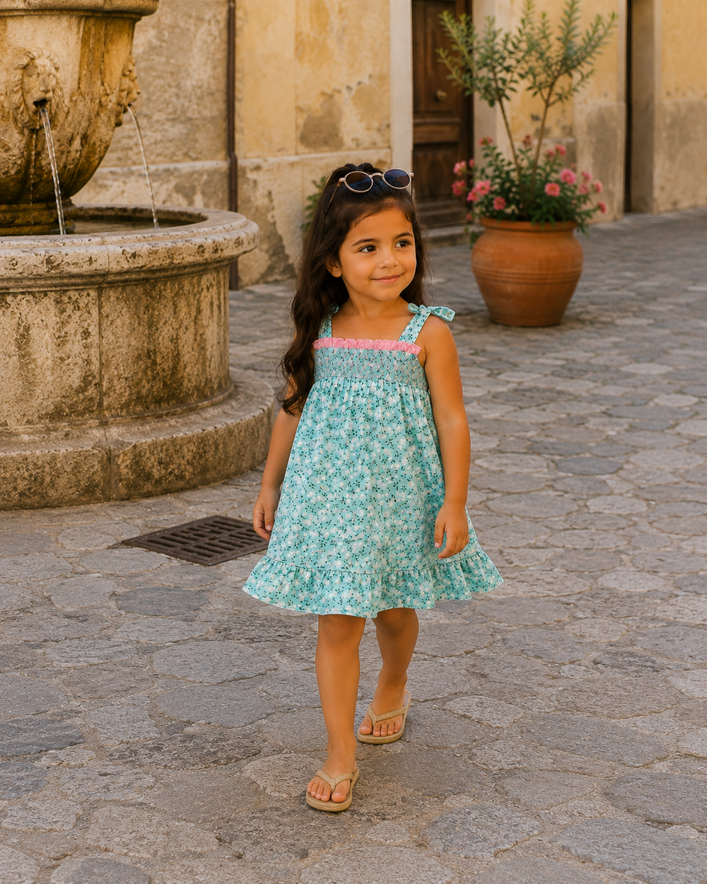 A young girl with long dark hair wearing a light blue and white floral print dress with a pink smocked bodice, walking on a cobblestone street in front of a stone fountain.