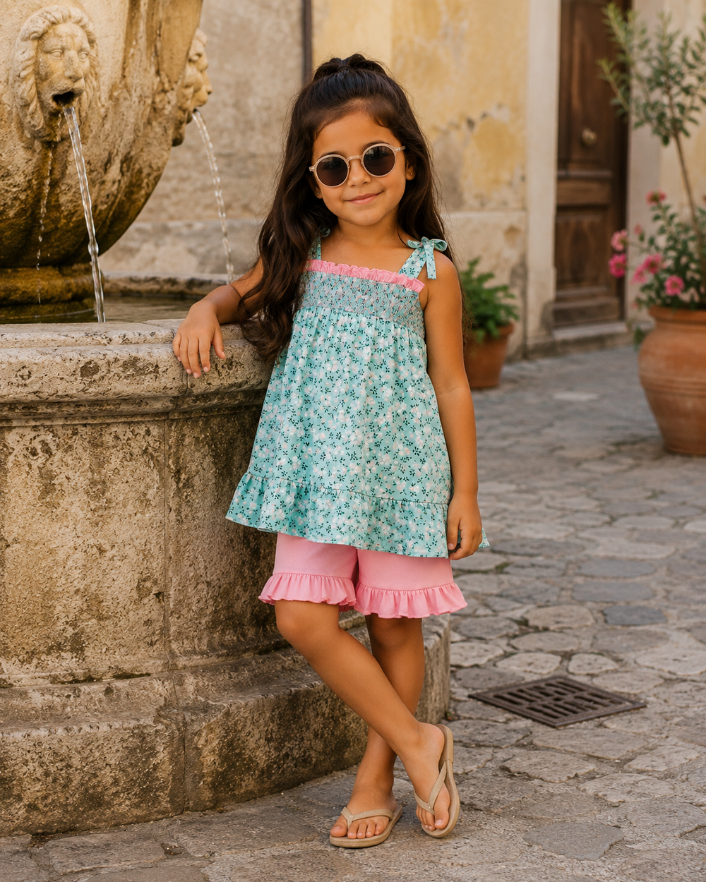 A young girl wearing a light blue and green floral sleeveless top with pink trim and matching pink ruffled shorts, standing in front of a stone fountain in an outdoor courtyard.