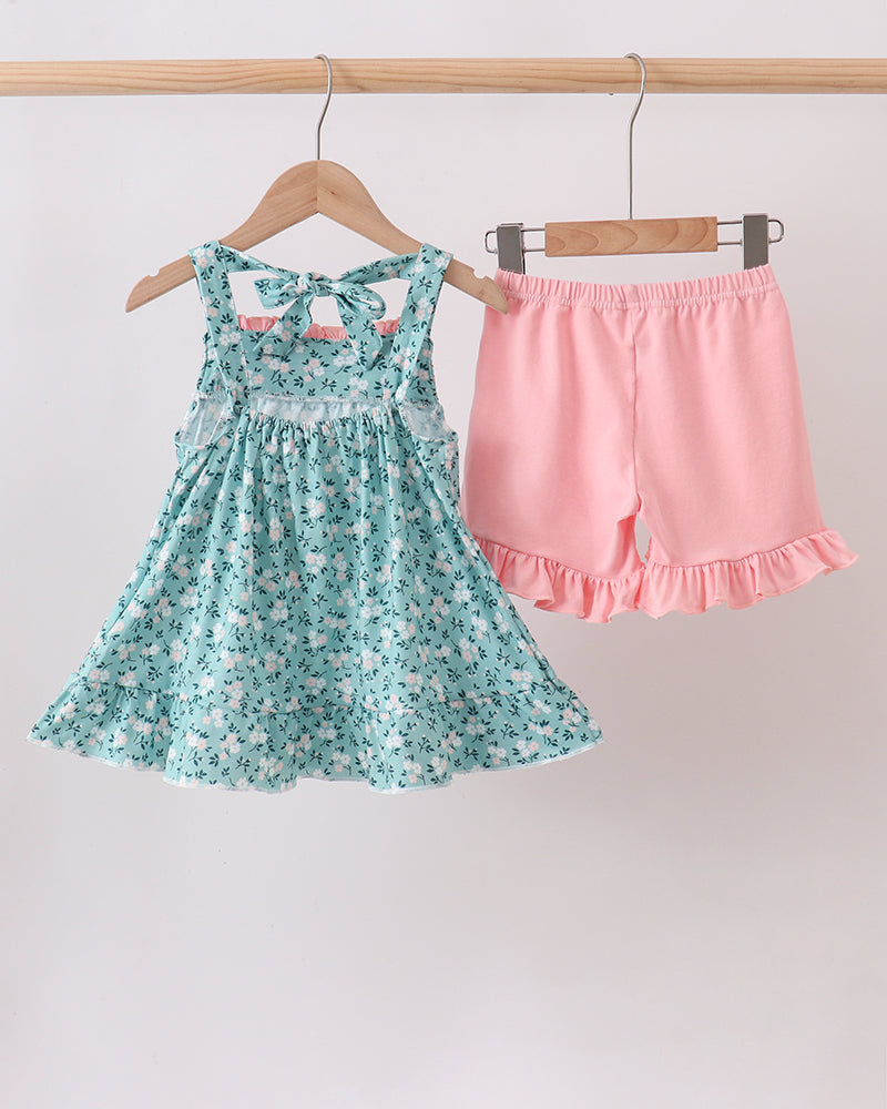 Floral smocked ruffle dress and shorts set, teal floral dress with pink shorts