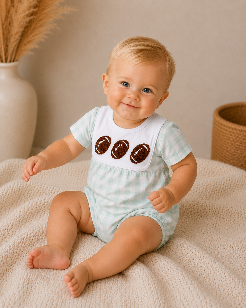 A baby sitting on a textured cream blanket wearing a light blue and white gingham romper with a white bib featuring three brown football appliques.