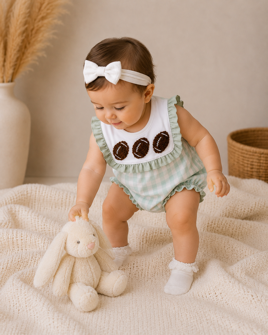 A baby wearing a light green and white gingham romper with a white bib featuring three brown football patches, a white bow headband, and white socks, standing on a cream knit blanket and touching a plush bunny.