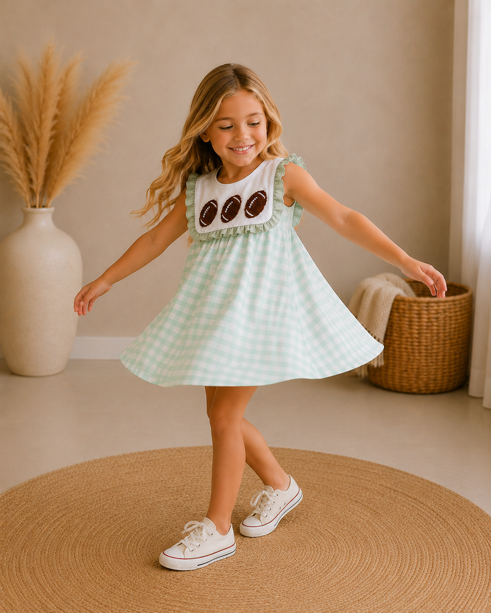 A young girl with blonde hair is smiling and twirling in a light green and white gingham dress with a white bib collar featuring three brown embroidered hearts. She is wearing white canvas sneakers and standing on a round woven rug in a warm, neutral-toned room.