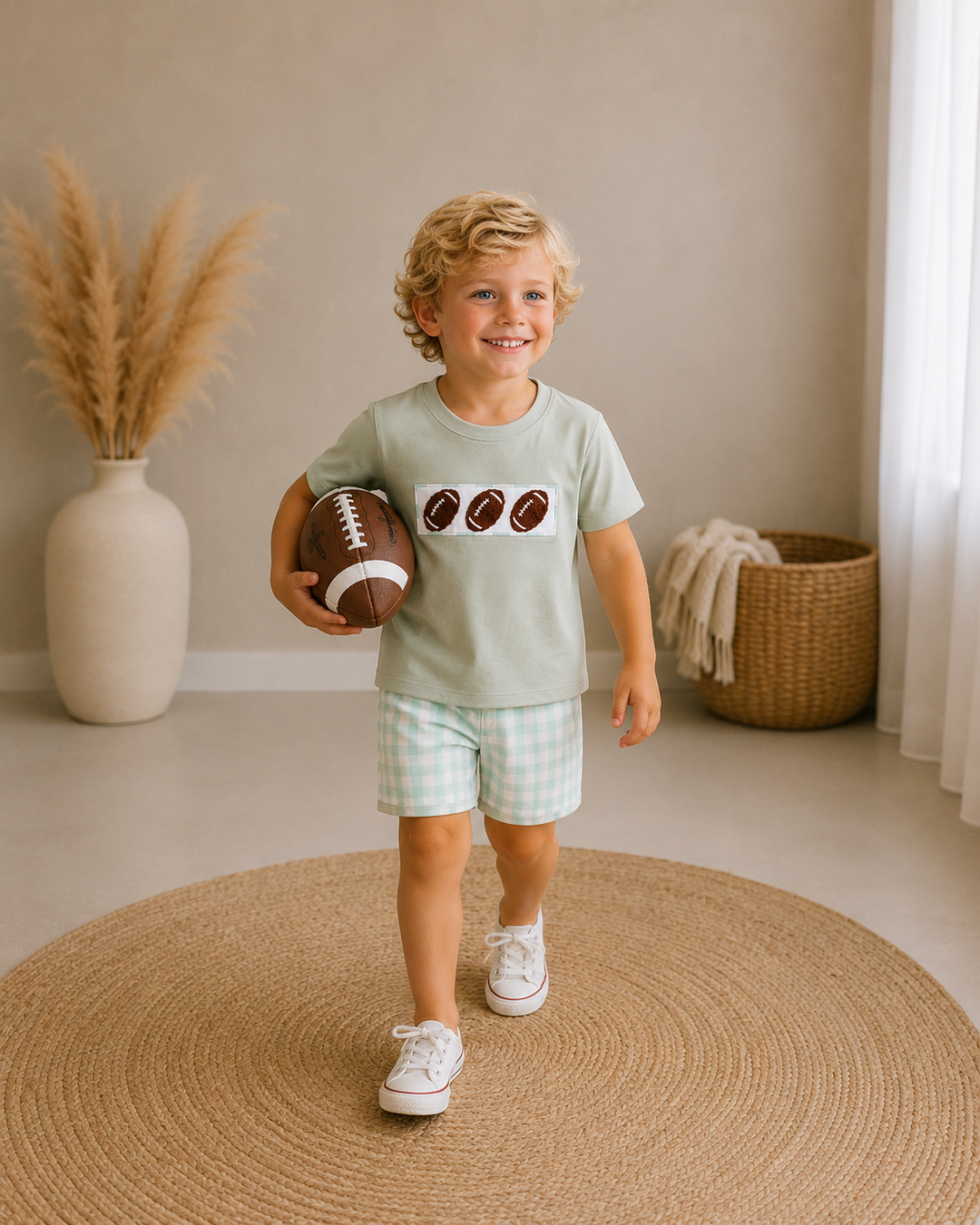 A young boy stands on a round woven rug in a bright room, holding a football. He is wearing a light sage green t-shirt with a graphic of three footballs, light green and white plaid shorts, and white sneakers.