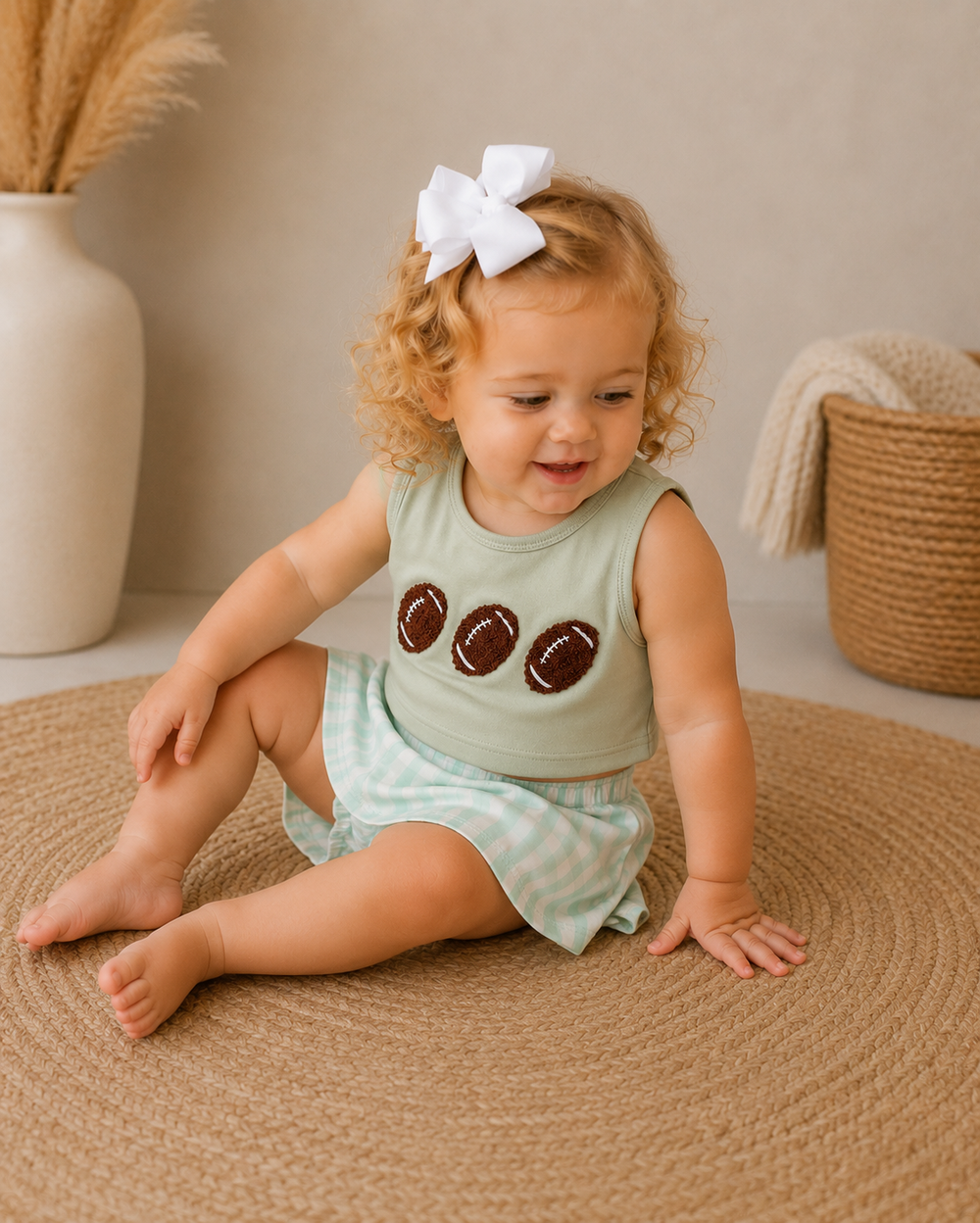 A toddler girl with curly blonde hair wearing a light sage green sleeveless romper with three football appliques, sitting on a round woven jute rug in a styled indoor setting.
