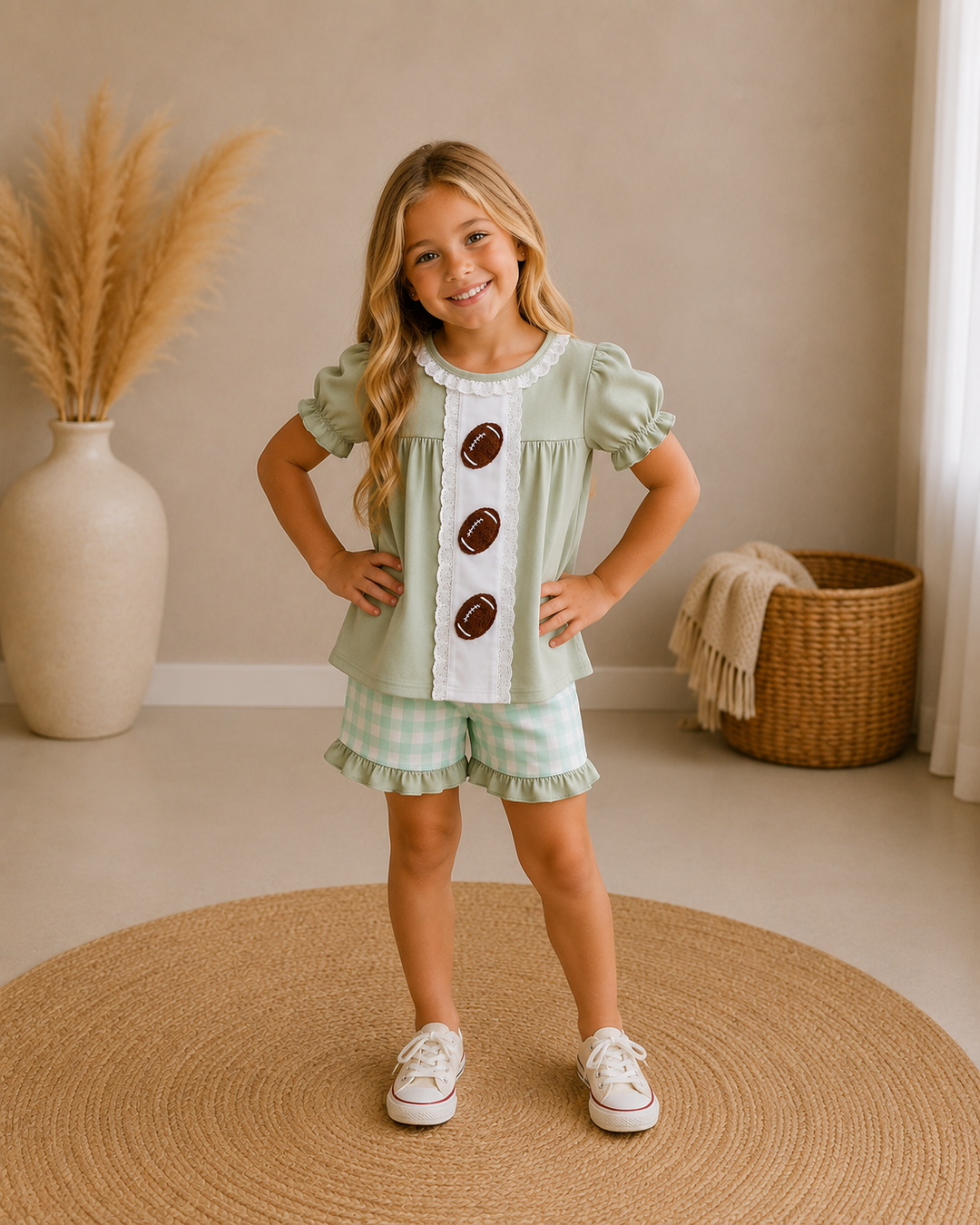 A young girl stands indoors wearing a light sage green and white gingham two-piece outfit with puff sleeves, a white ruffled collar, and three dark brown buttons on the front. She is standing on a round woven rug in a neutral-toned room with a vase of pampas grass and a basket in the background.