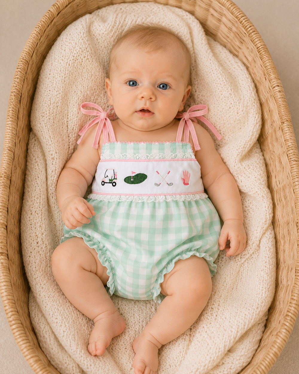 Baby girl in golf romper