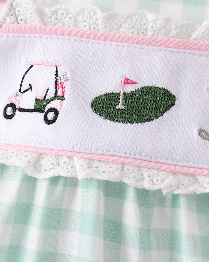 Green gingham fabric with golf embroidery