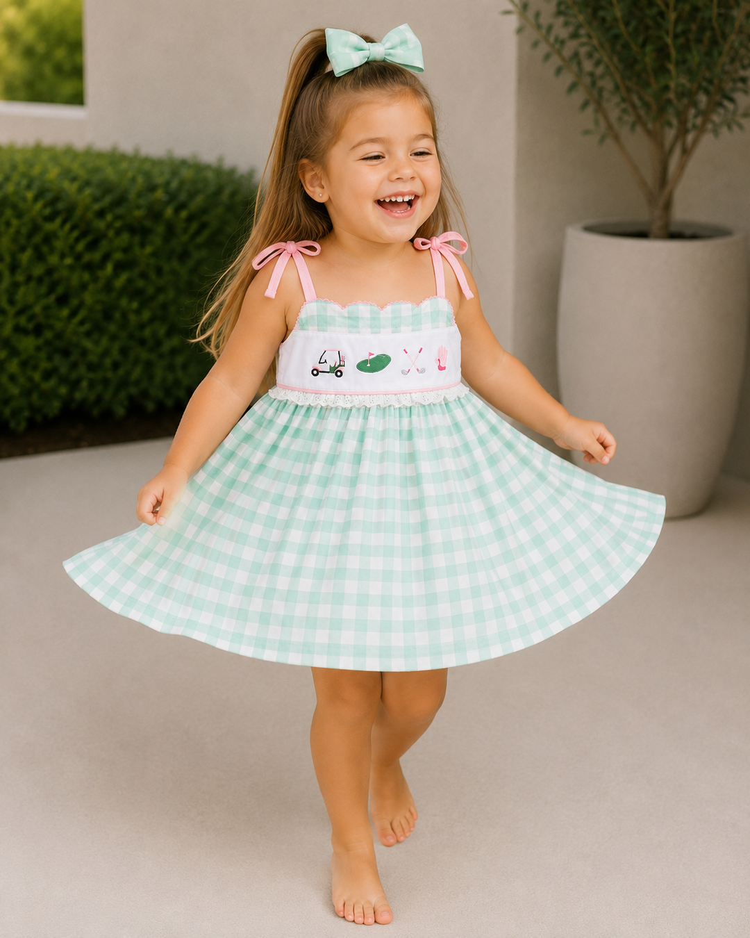 Girl twirling in front of building
