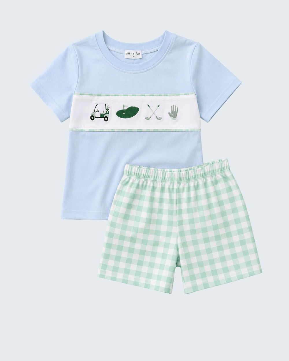 Green Golf Embroidered Gingham Shorts Set on light grey background