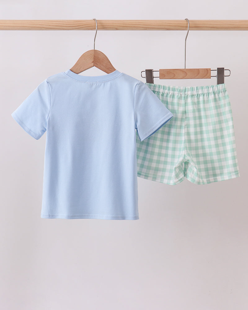 Green Golf Embroidered Gingham Shorts Set on light grey background