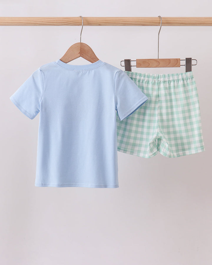 Green Golf Embroidered Gingham Shorts Set on light grey background