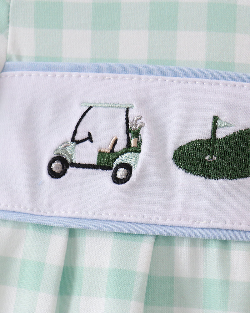 Green gingham fabric with golf embroidery