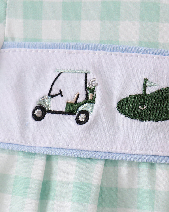 Green gingham fabric with golf embroidery