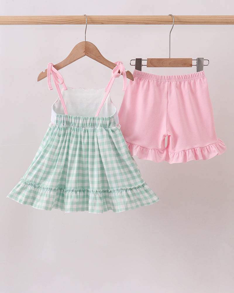 Green Golf Embroidered Ruffle Shorts Set on wooden hanger