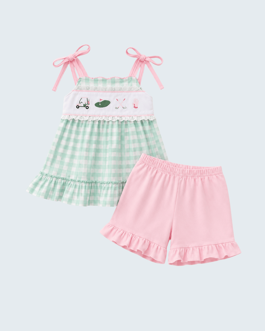 Green Golf Embroidered Ruffle Shorts Set on light grey background