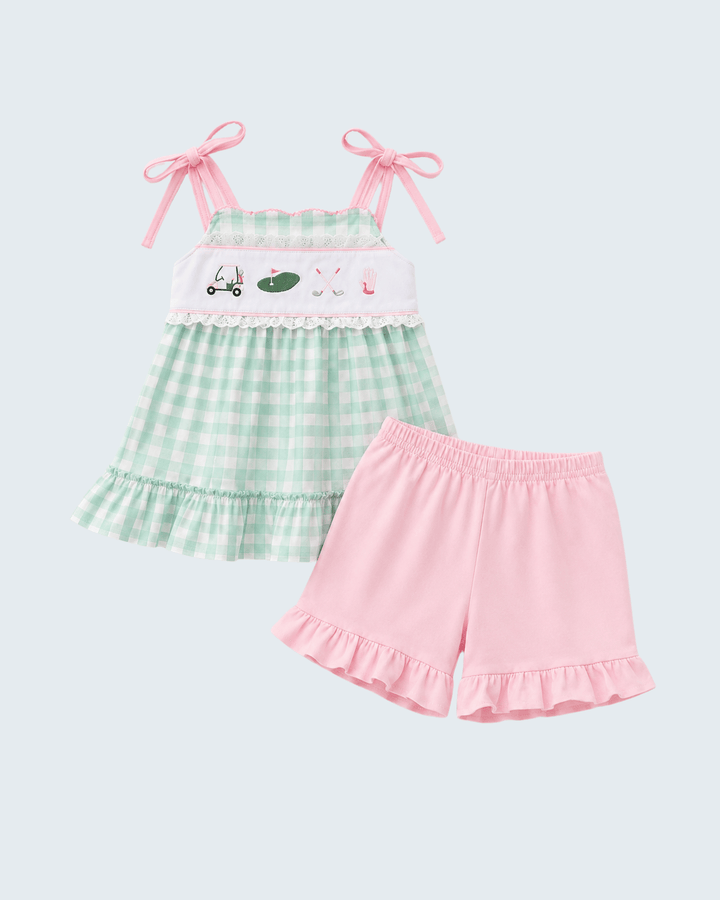 Green Golf Embroidered Ruffle Shorts Set on light grey background