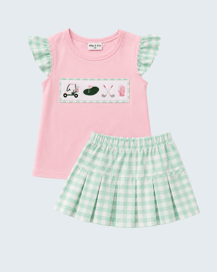 Green Golf Embroidered Skorts Set on light grey background