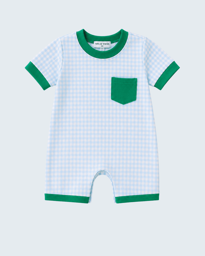 Green Grid Pocket Romper on light grey background