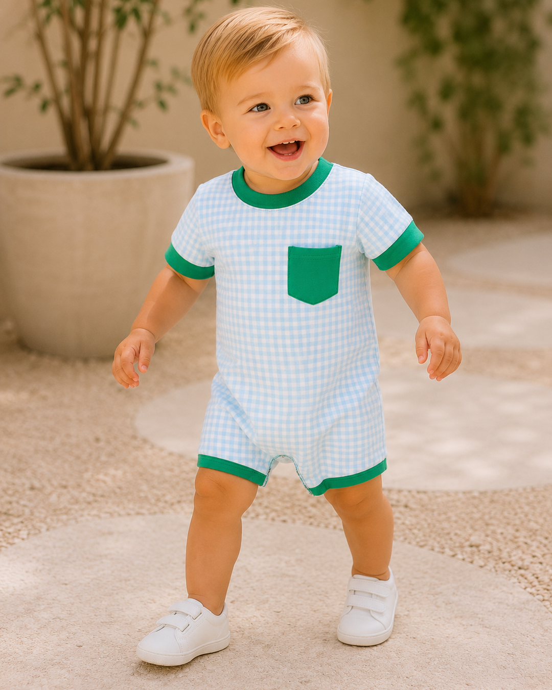 Child wearing a light blue and green checkered romper with a pocket, standing outdoors.