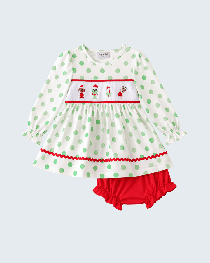 Green polka-dot long-sleeve ruffle dress with embroidered holiday motifs and red bloomer shorts