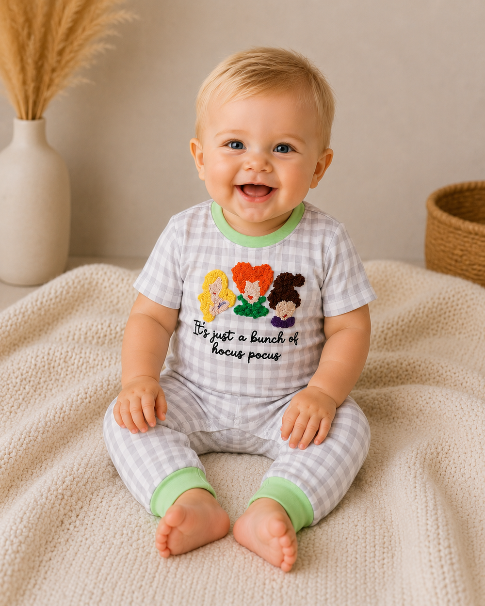 Toddler gingham romper with green trim and colorful hocus pocus graphic