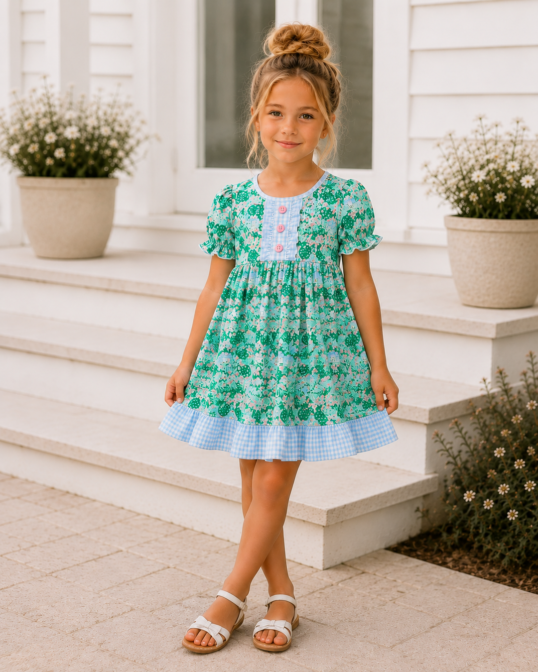 Young girl in a green floral dress standing on steps with plants in the background