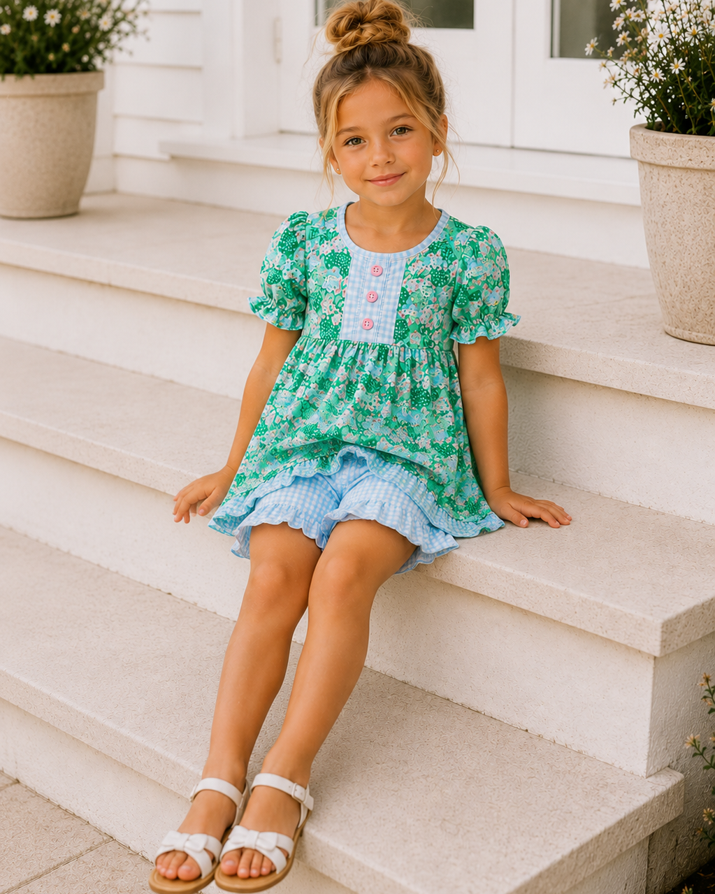 Young girl in a green floral dress sitting on white steps.