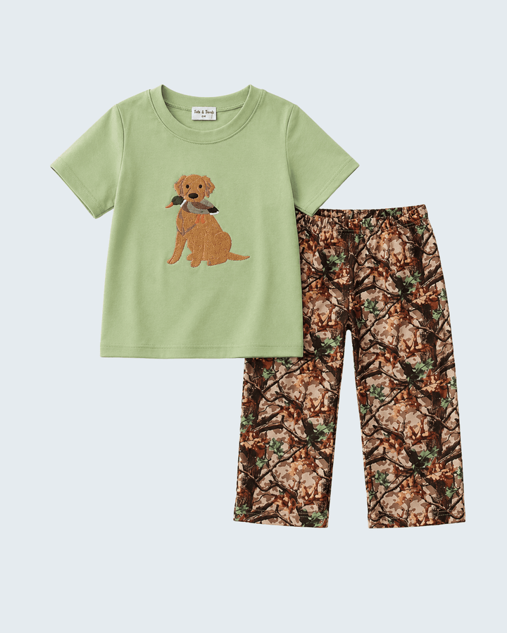 Green Hunting Print Pants Set on grey background