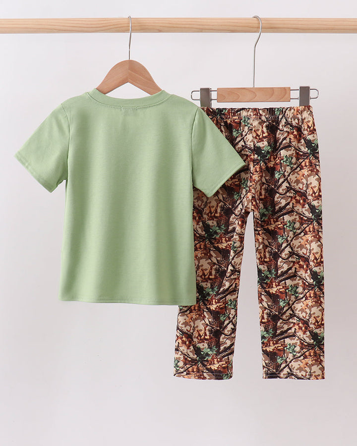 Green Hunting Print Pants Set on wooden hanger