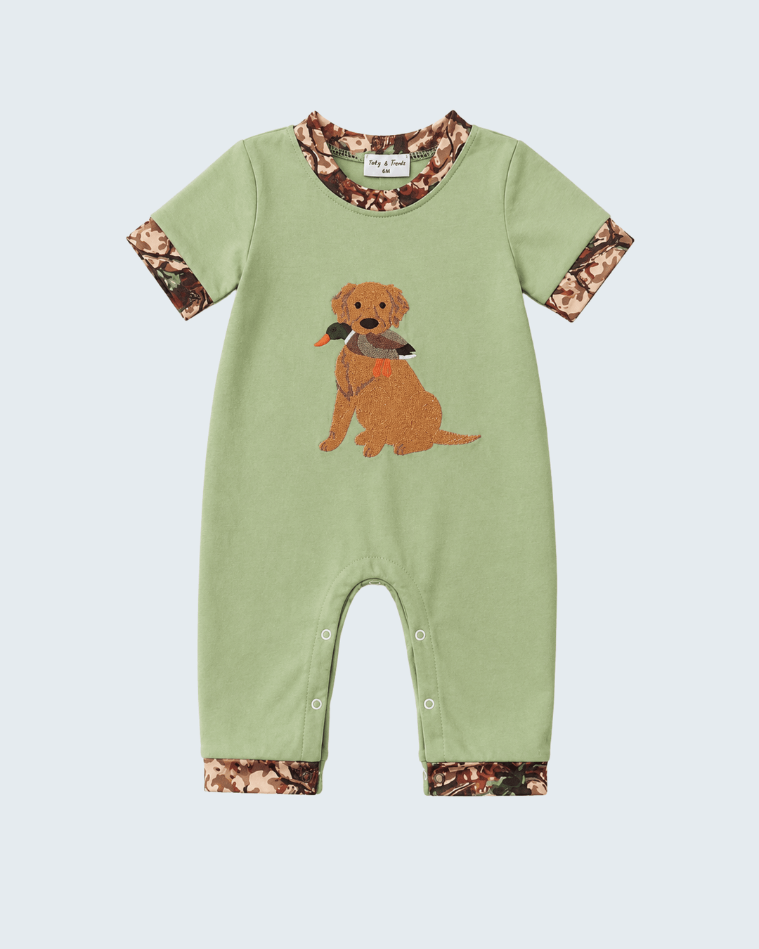 Green Hunting Print Romper on blue background