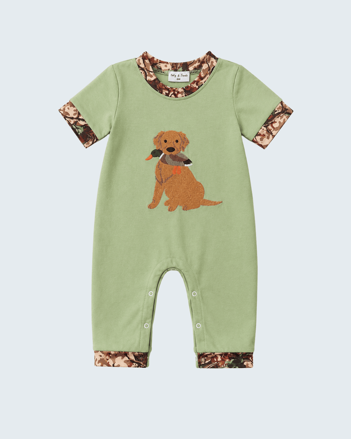 Green Hunting Print Romper on blue background