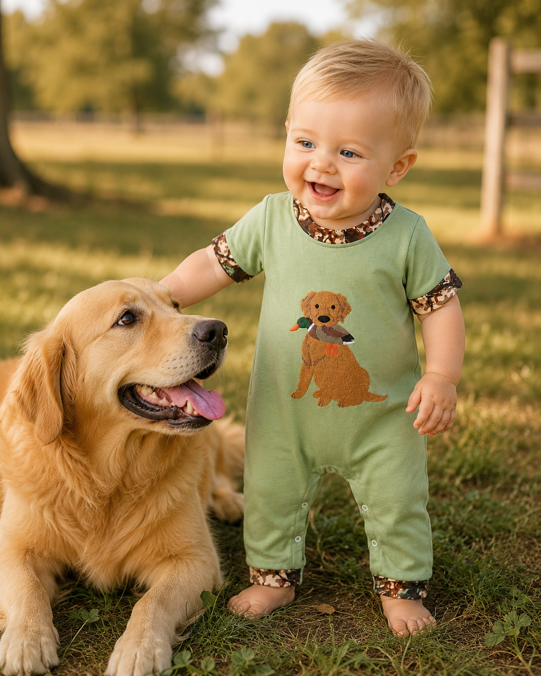 A baby boy and his dog in a backyard