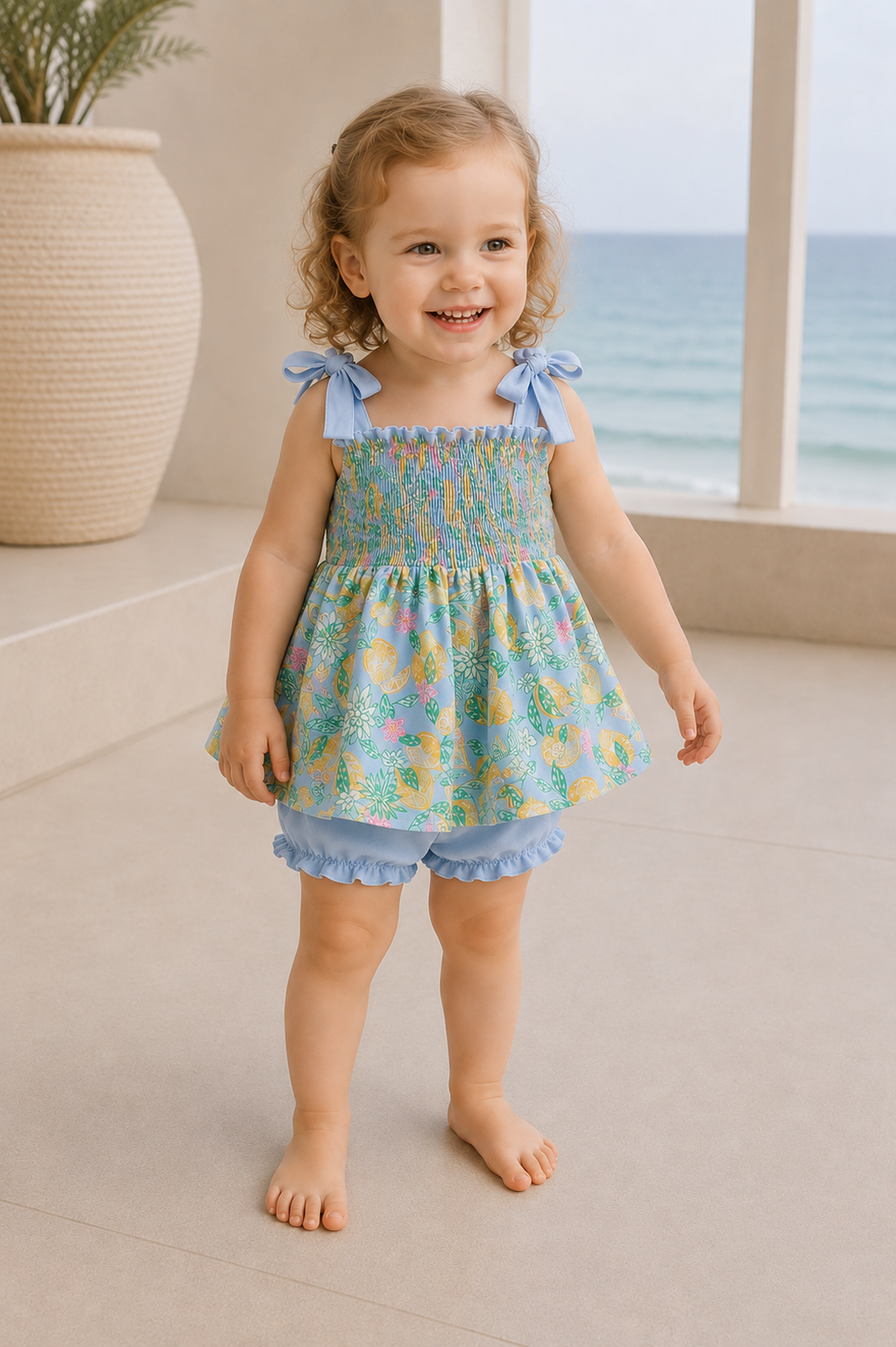 Child wearing a colorful dress with ruffled sleeves and shorts, standing in a room with a window view of the ocean.
