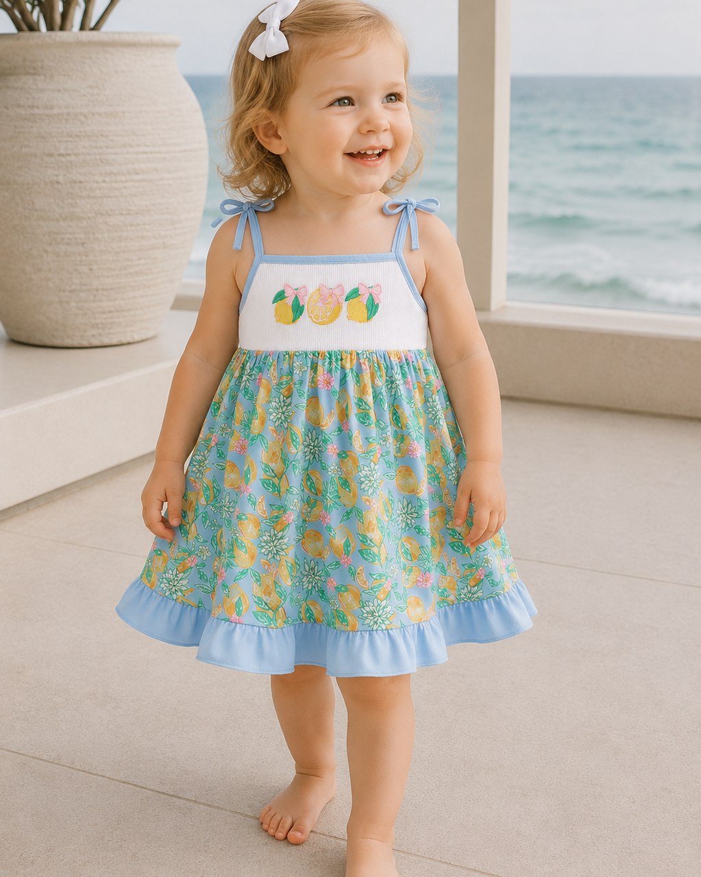 Young girl in a floral dress standing on a patio with ocean view