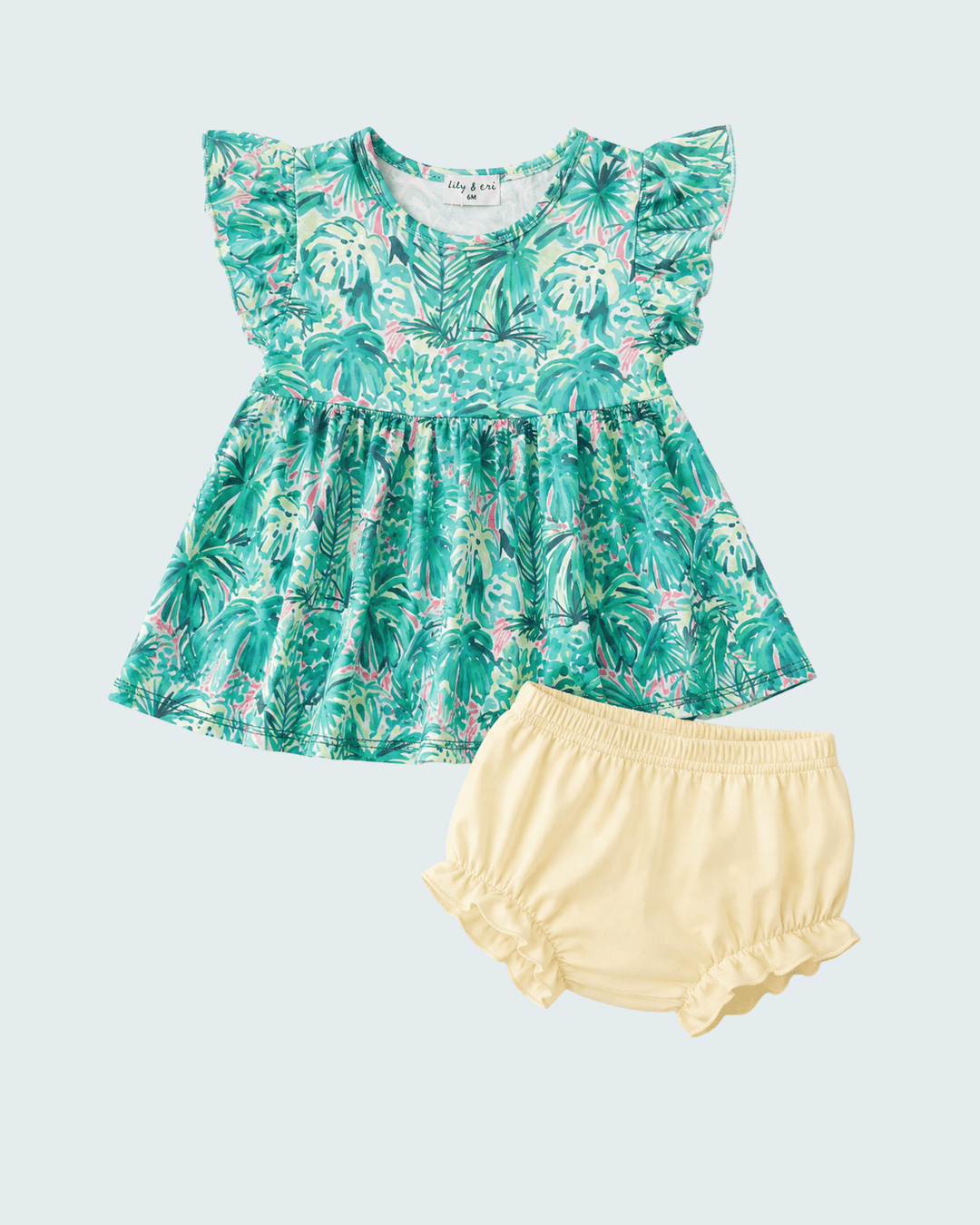 Tropical floral baby dress with matching cream bloomers, two-piece set